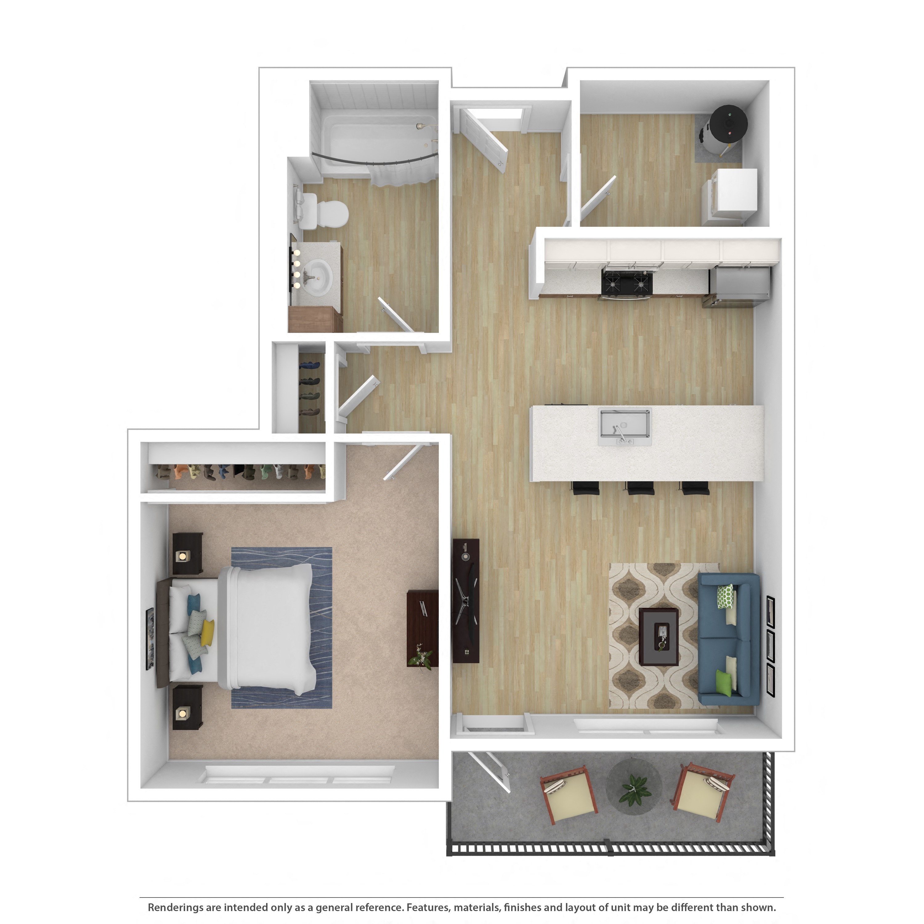 Floor plan for 1 bed, 1 bath, 687 sqft